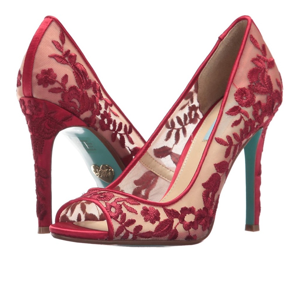 Adley Red Embroidered Peep Toe Heels